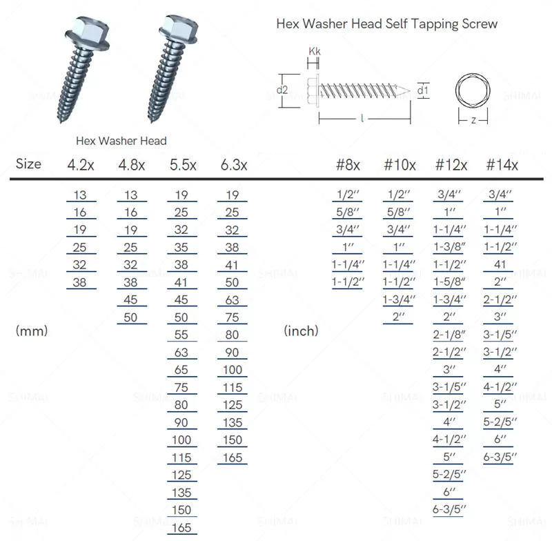 tamaño del tornillo autoperforante con cabeza hexagonal y arandela para roscar