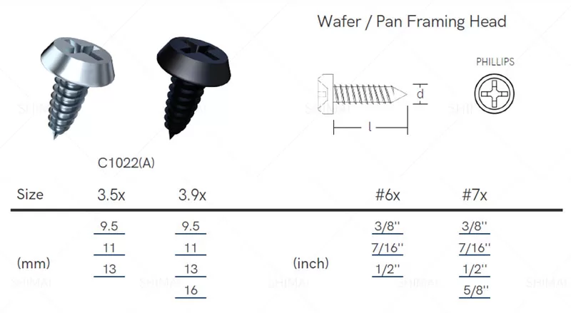 tamaño del tornillo autoperforante con cabeza Wafer para roscar